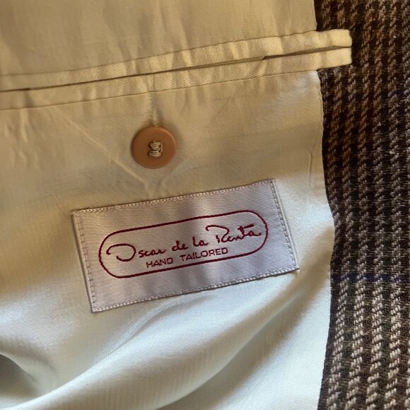 OSCAR DE LA RENTA Size 40S Tan Plaid Two Button Notch Neck Sports Coat Blazer - Picture 2 of 10